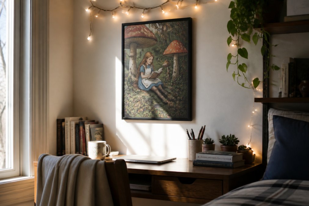 Cozy dorm room wall with a framed whimsical art poster above a small desk, fairy lights draped along the top, stacked books and a mug nearby, natural window light hitting the print