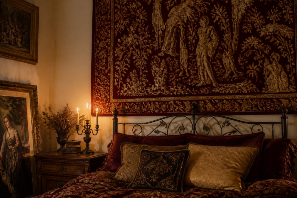 Rented bedroom with a large burgundy and gold tapestry hung above a bed frame, ornate wooden-framed prints leaning against cream walls, candlesticks on a nightstand, and soft candlelight casting shadows across textured fabrics