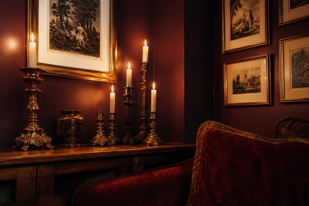 Living room corner at dusk with multiple candlesticks of varying heights on a wooden shelf, warm candlelight casting dancing shadows on deep burgundy walls, ornate gold-framed prints visible in soft light, and a velvet cushion in the foreground