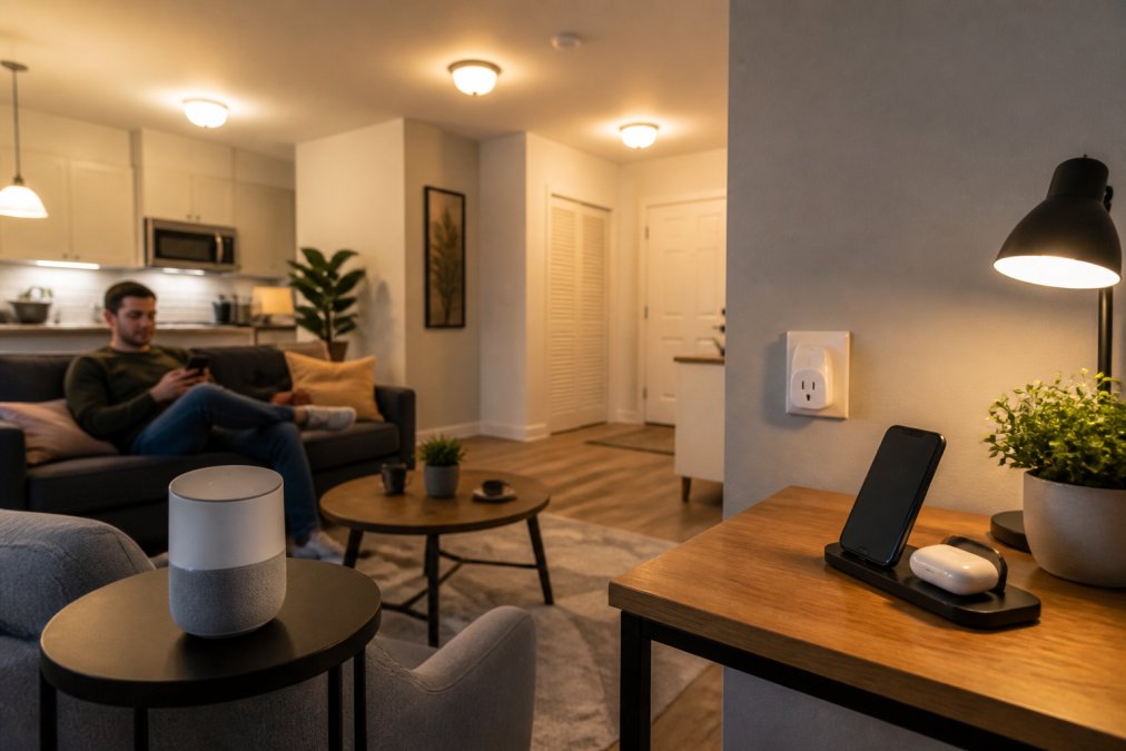 A modern rental apartment living room with smart devices in use: a smart speaker on a side table, smart bulbs glowing in ceiling fixtures, a wireless charging station on a desk, and a smart plug in an outlet, all creating a connected space