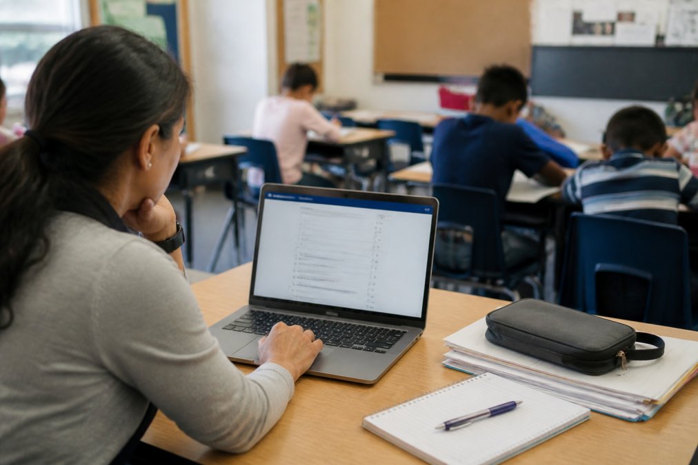 Teacher using an AI question generator on a laptop in a classroom with students working in the background.