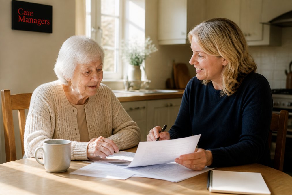 Elderly person and adult child sitting together at a kitchen table, reviewing care documents in a warm, comfortable home setting with natural daylight streaming through the window