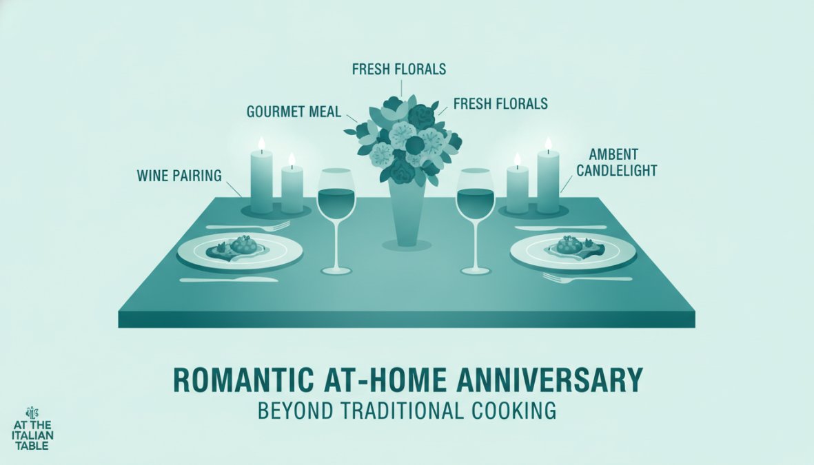 Elegantly plated gourmet meal on a dining table with soft candlelight, wine glasses, and fresh flowers creating an intimate dining atmosphere at home