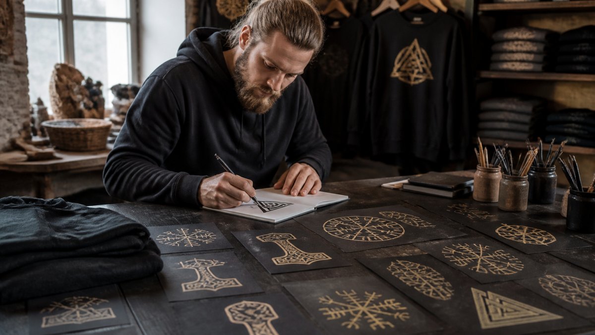 Kunstvoll arrangierte Wikinger Symbole wie Mjölnir und Valknut in mystischer Beleuchtung auf dunklem Untergrund