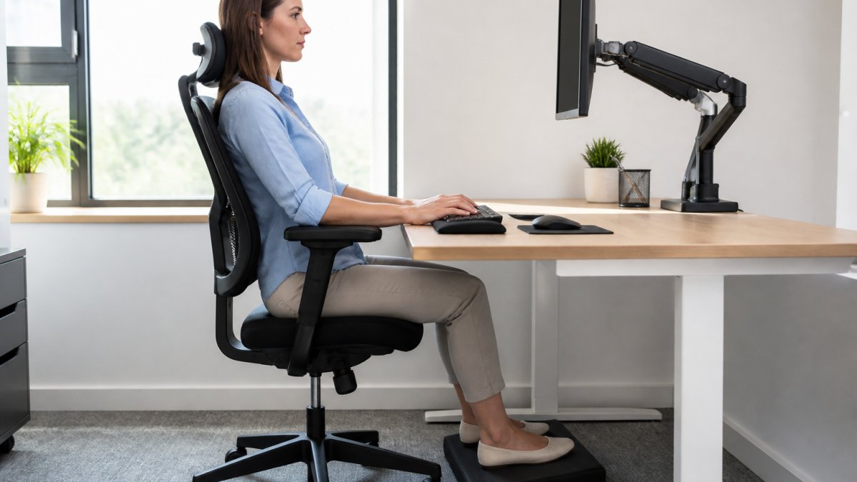Professional sitting at desk with proper ergonomic setup showing screen at eye level, feet flat on memory foam footrest, back supported by lumbar cushion, elbows resting on armrest cushions, wrists in neutral position on wrist rest, with adjustable monitor stand visible in modern office with natural lighting