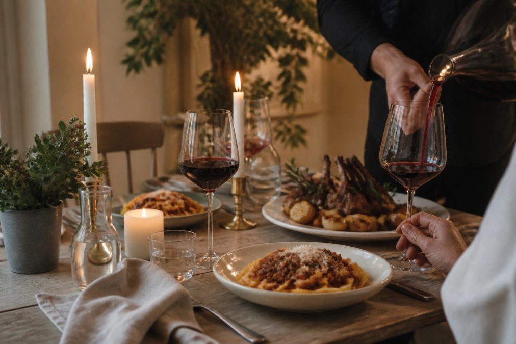 Dukat middagsbord med italiensk pasta, lamm och glas med rött vin, levande ljus och hemtrevlig atmosfär