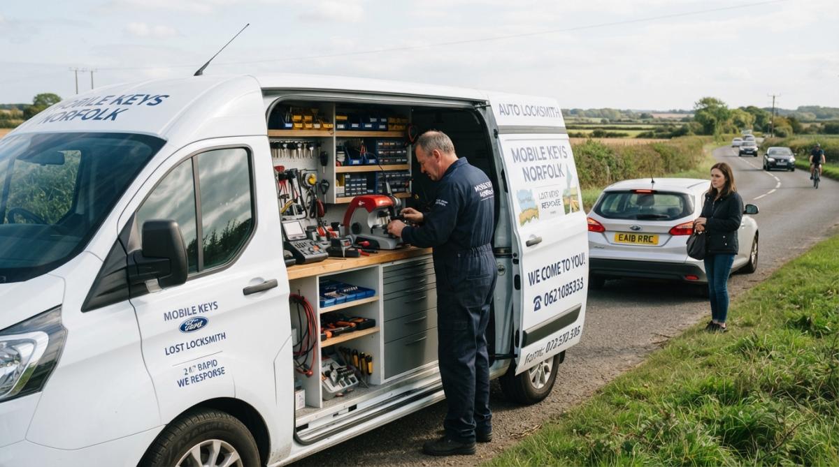 A locksmith technician in a branded van arriving at a roadside location, opening the side door to reveal organised key-cutting and programming equipment, with a stranded driver waiting beside their car in the background