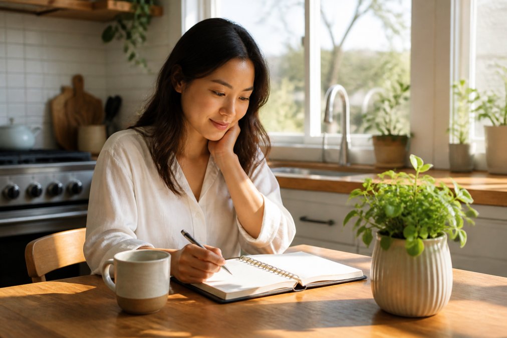A person sitting at a sunlit kitchen table with an open planner, a ceramic mug of coffee, and a small potted plant, looking calm and centered as they review their day