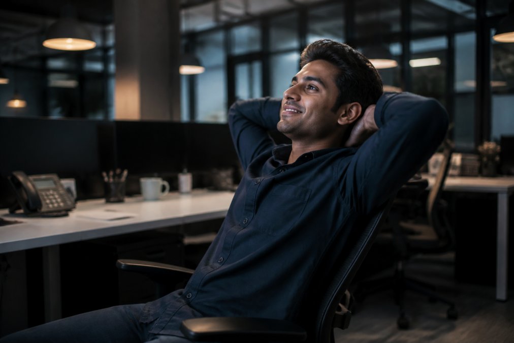 A security operations center analyst reviewing a clean dashboard on multiple monitors in a dimly lit modern office, looking relieved rather than overwhelmed