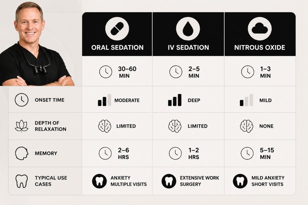 Comparison chart or infographic showing three sedation methods side by side with columns for onset time, depth of relaxation, memory, recovery time, and typical use cases