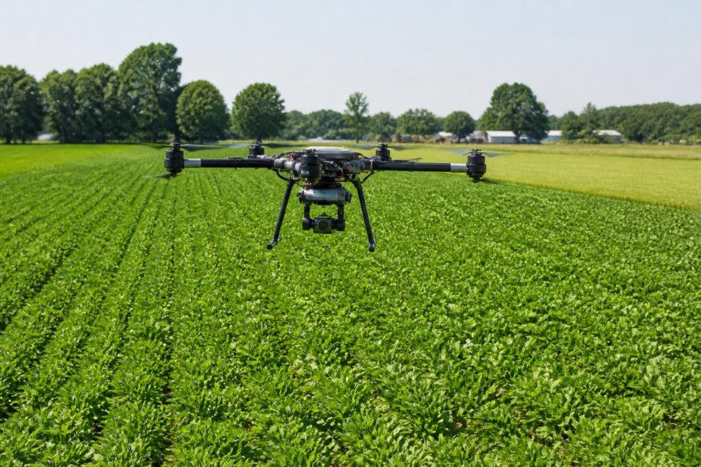 Drone hovering at low altitude over vibrant green crop rows during midday, with visible plant canopy detail and clear field boundaries stretching into distance
