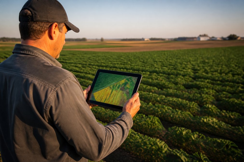 Agricultural manager in work clothes standing in open field holding tablet displaying aerial drone imagery and multispectral analysis maps with color-coded crop health zones