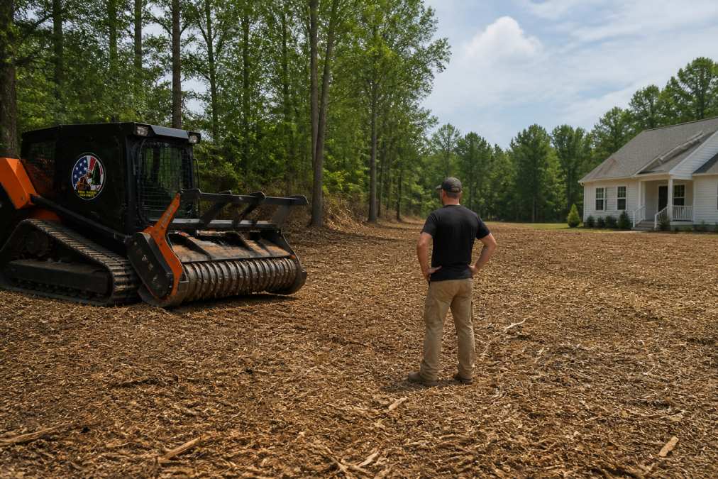 Residential property showing fresh mulch layer covering ground with natural decomposition beginning, improved sight lines through cleared vegetation, and homeowner standing in accessible cleared area with visible property improvements