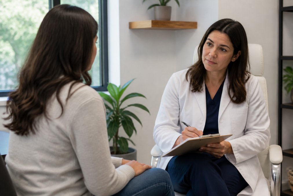 A physician in a white coat sitting across from a patient in a bright, modern clinic, listening attentively and taking notes on a clipboard