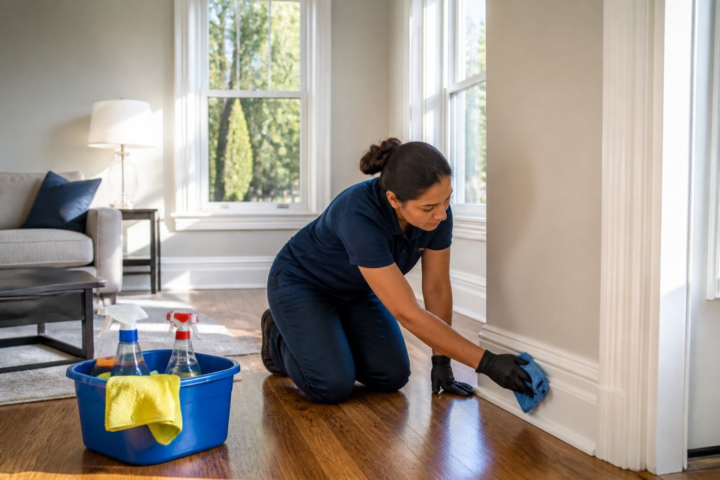 Professional cleaner in a navy uniform scrubbing bright white baseboards during a deep home cleaning service.