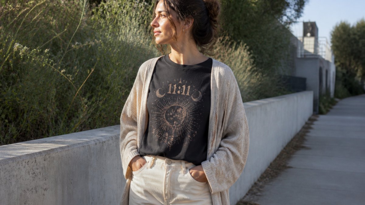 Person wearing a black vintage-washed oversized celestial 11:11 tee layered under a neutral linen cardigan with high-waisted cream jeans, standing in natural outdoor lighting with soft morning sun, embodying effortless spiritual style