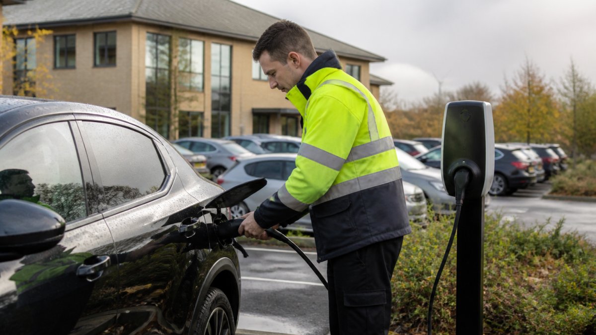 An employee in a high-vis jacket plugging a charging cable into an electric car at a workplace charging point in a staff car park, other parked cars and a low office building behind, soft overcast morning light