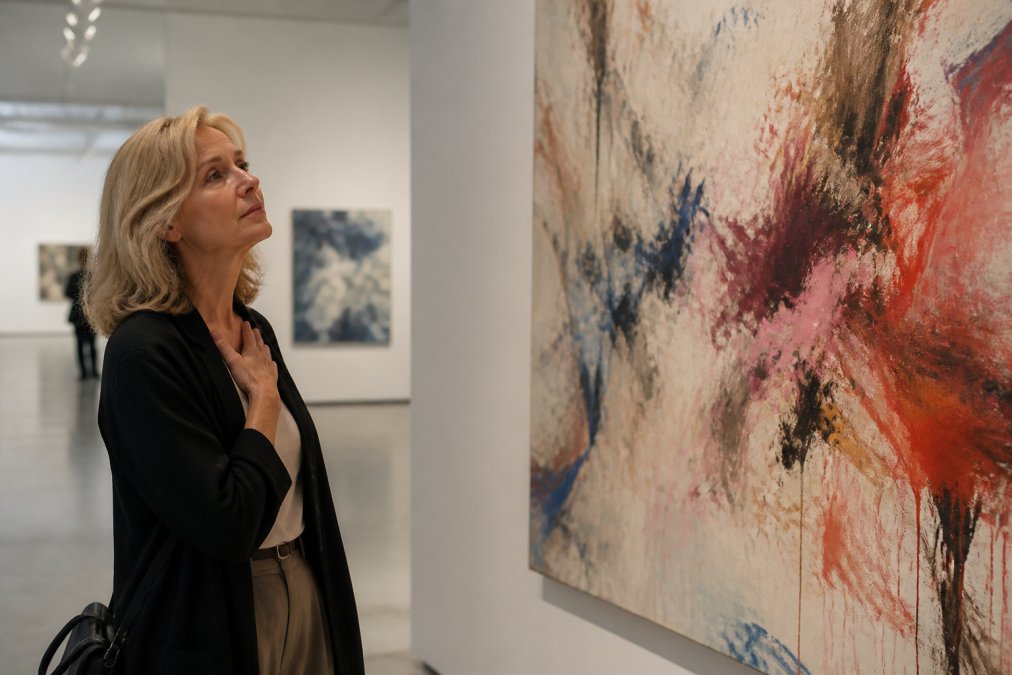Person standing in front of a large gestural abstract painting in a modern gallery space, hand placed on chest, expression contemplative and visibly moved by the artwork, natural museum lighting