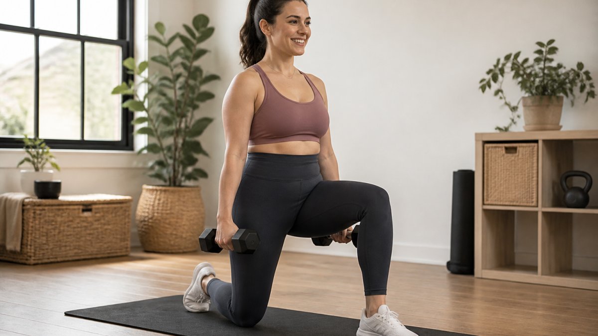 Woman in high-waisted postpartum leggings and supportive sports bra performing gentle strength exercise in bright home studio, showing comfort and confidence in her changing body