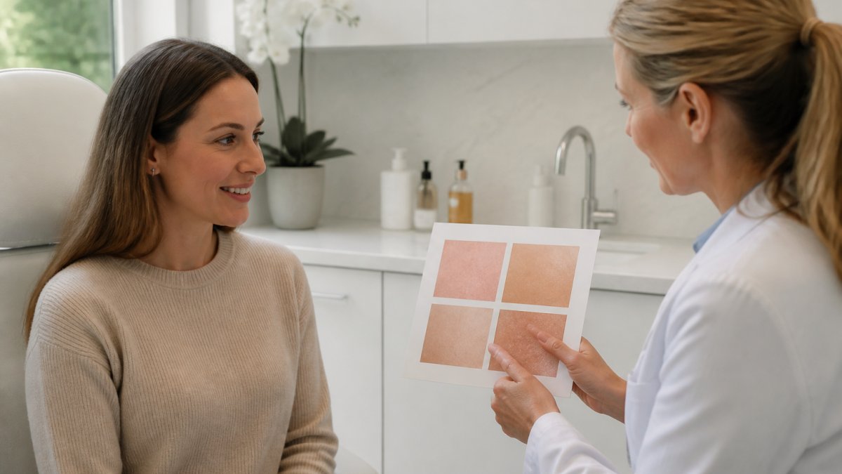 A woman in her 30s with a fresh, natural complexion smiling gently while a clinician in a white coat points to a skin assessment chart in a bright, modern clinic room