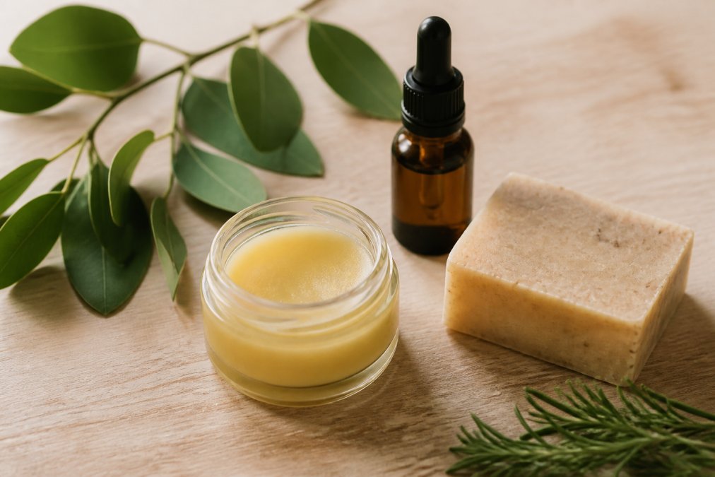 A flat-lay photo of natural beauty products: a glass jar of balm, a small amber bottle of face oil, and a bar of handmade soap on a light wooden surface with green leaves