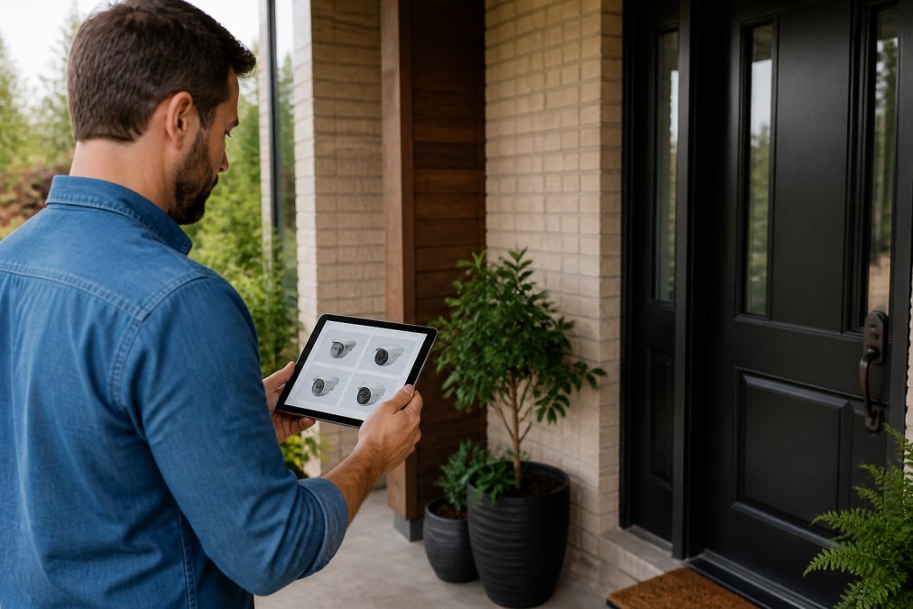 Homeowner reviewing smart camera features and specifications on a tablet while standing in front of their home's entry door with natural outdoor lighting
