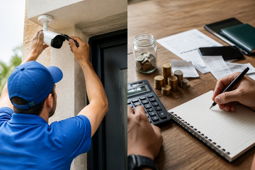 Person mounting a security camera above a doorway with visible installation hardware and mounting bracket, demonstrating the practical setup process with natural daylight