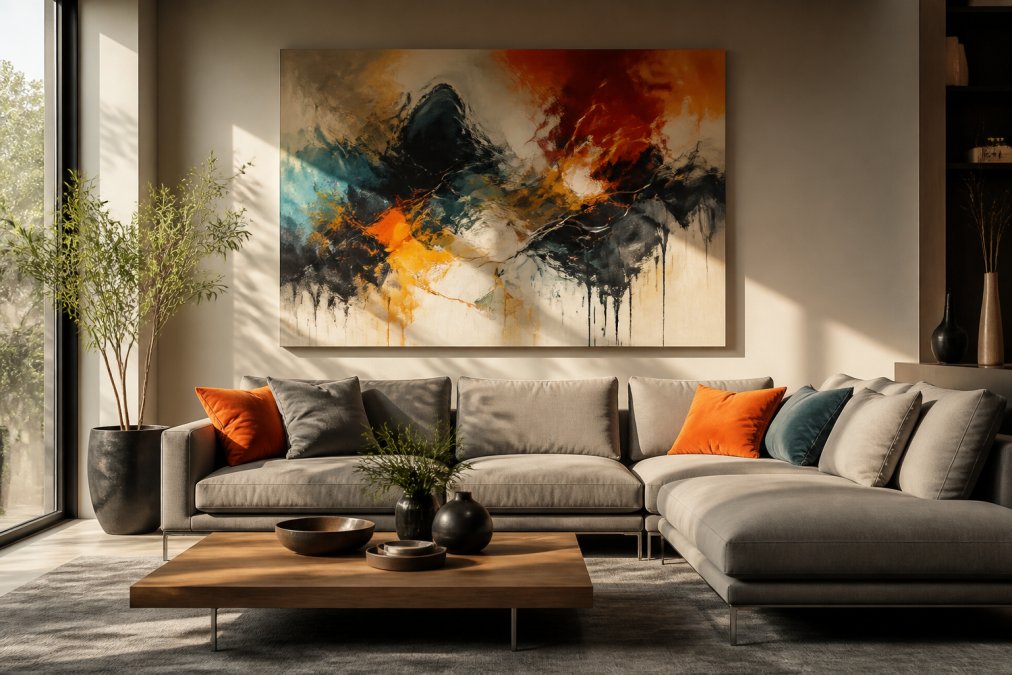 A living room with a large abstract AI canvas art print hanging above a modern sofa, vibrant colors, natural light from a window, minimalist decor