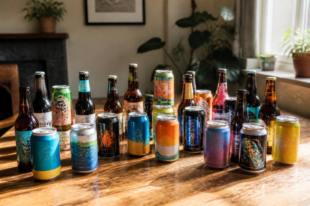 Professional selection of colourful alcohol-free beer cans and bottles arranged on a wooden table, showcasing different brewing styles with natural daylight streaming across the display