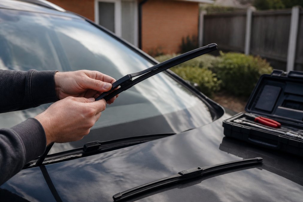 Close-up of a pair of hands fitting a new windscreen wiper blade onto a car in a driveway, with the old blade resting on the bonnet beside a toolbox