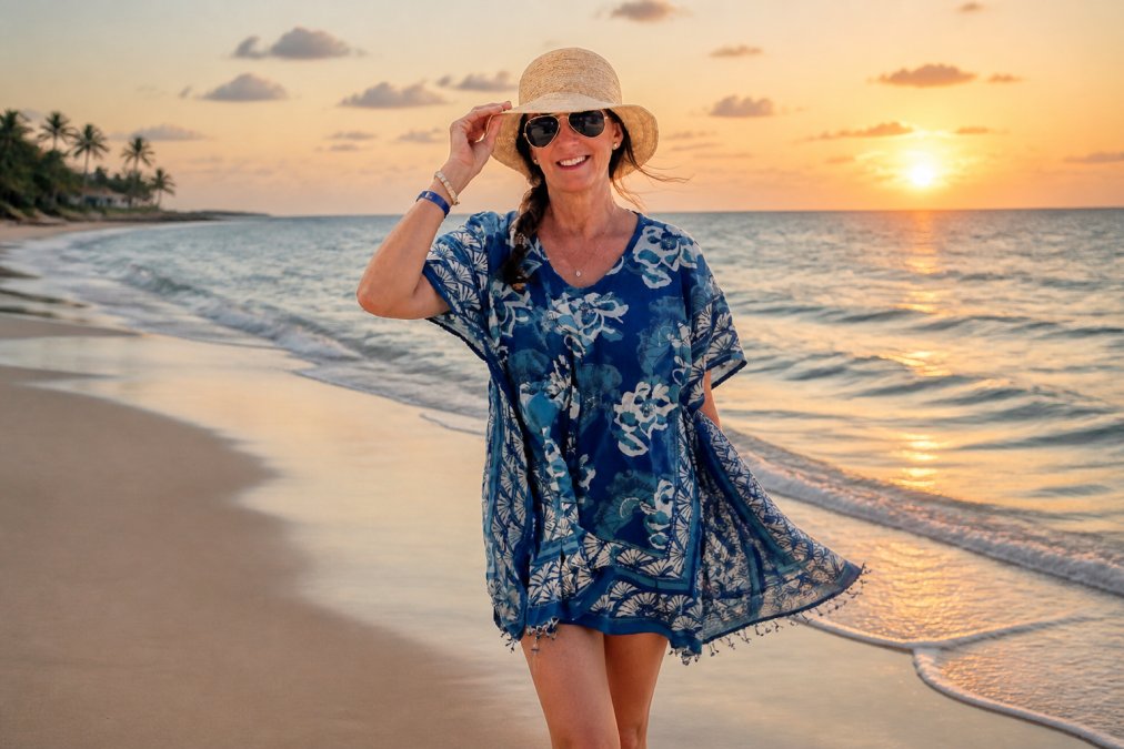 Woman wearing a hand block-printed kaftan on a tropical beach at sunset, fabric flowing in the breeze, showing the quality and drape of artisanal cotton