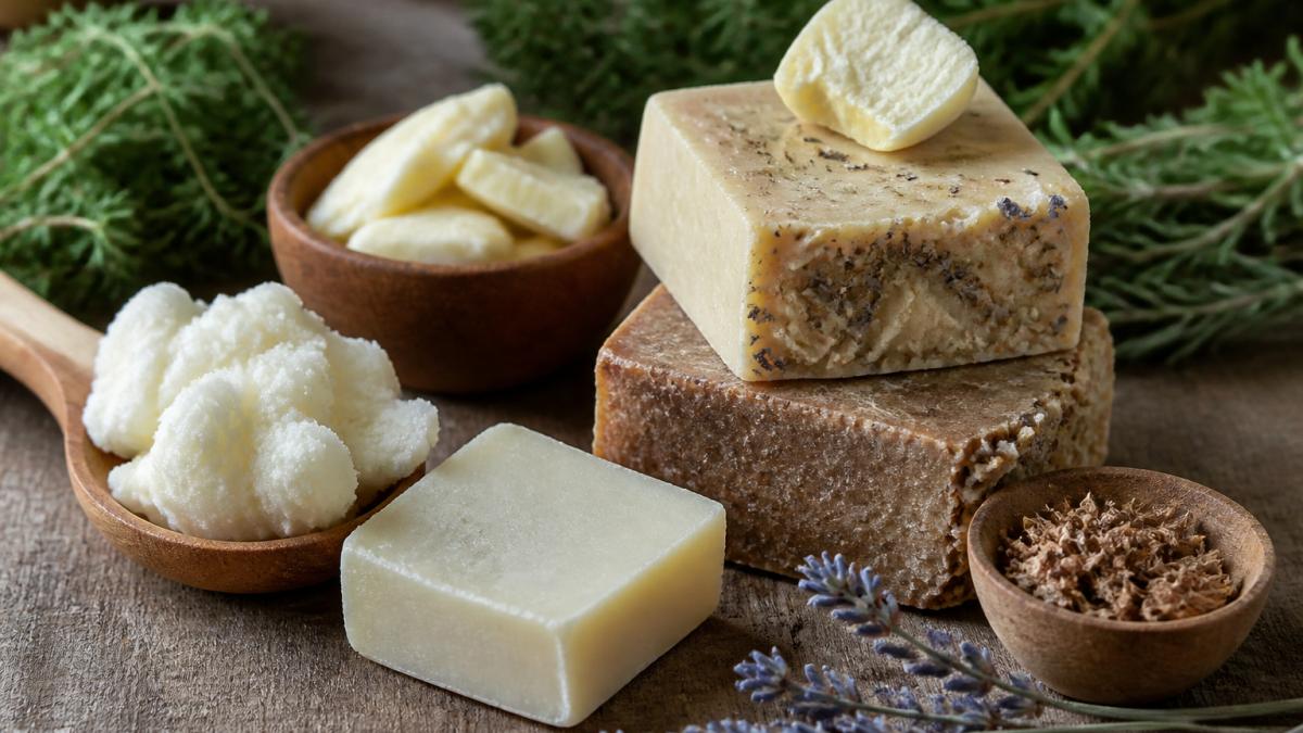Close-up of artisan soap bars with visible natural ingredients including shea butter, cocoa butter, and botanical additives arranged on a wooden surface with fresh herbs nearby