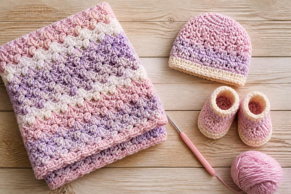 Overhead flat lay of a finished pastel baby blanket, a tiny crocheted beanie, and a pair of baby booties arranged on a light wood table alongside a crochet hook and ball of soft yarn