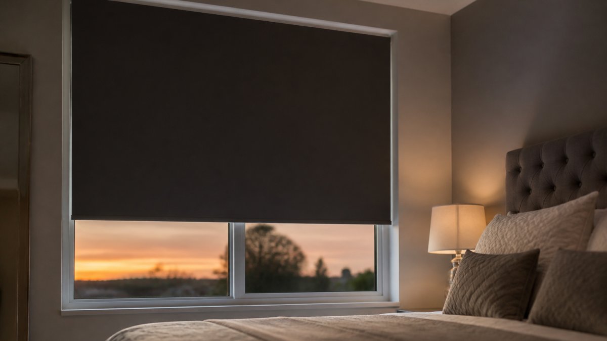 Close-up of a made-to-measure blackout roller blind pulled down over a bedroom window at dusk, with a slim side channel visible along the frame edge and a neatly made bed in soft focus behind
