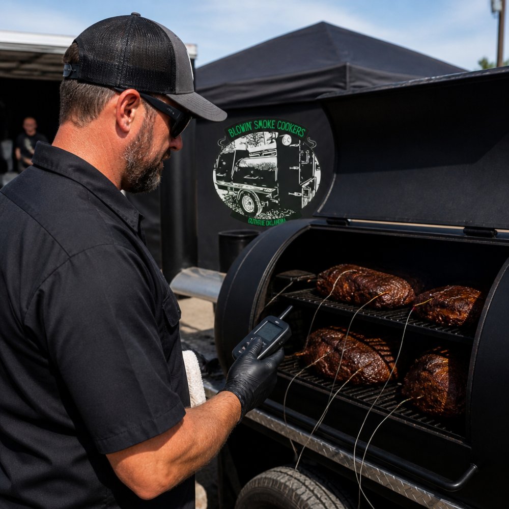 Competitive pitmaster checking wireless thermometer display while monitoring active smoker with multiple meat probes, outdoor competition setting with natural daylight