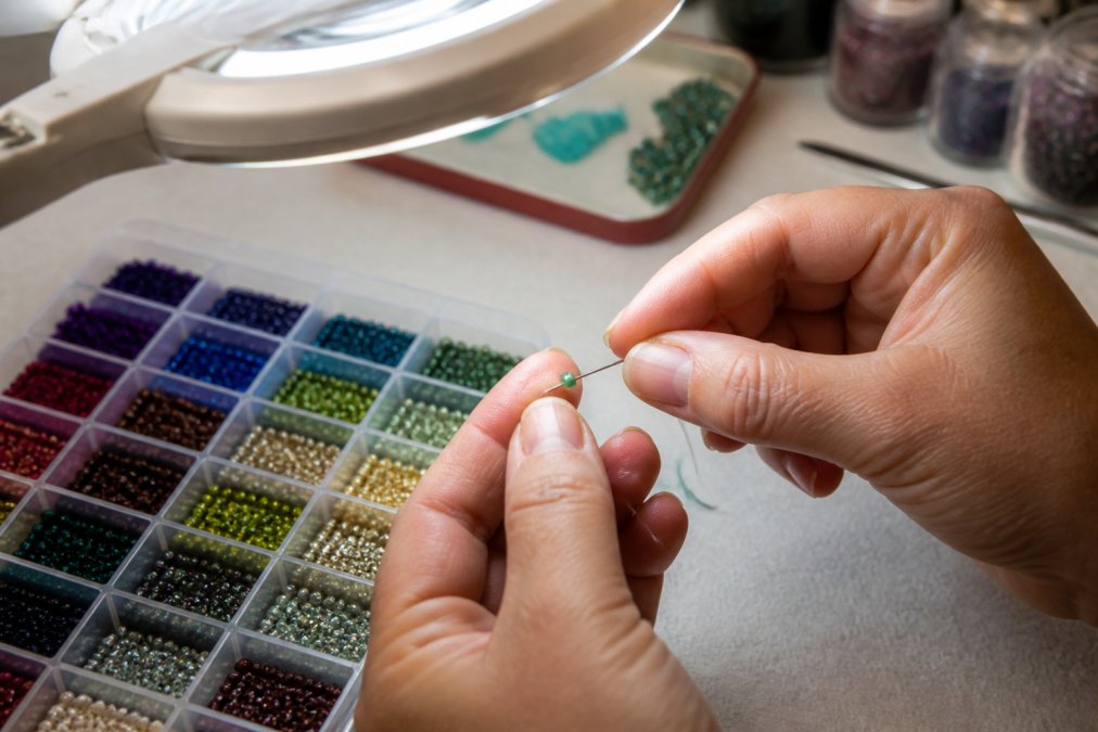Jewelry maker threading precise Miyuki Delica beads for the 10 best beads for professional jewelry making project.
