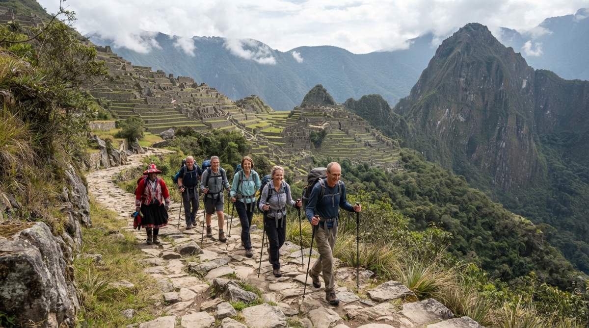 Group of trekkers hiking on ancient stone Inca Trail with terraced ruins visible on mountainside and misty Andean peaks in background