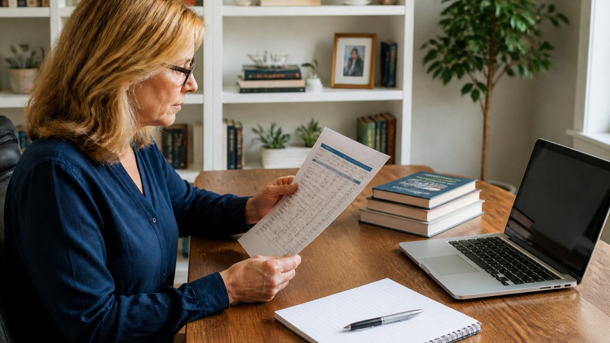 Consultant reviewing a list of book publishing companies in a bright home office with a laptop and notebook