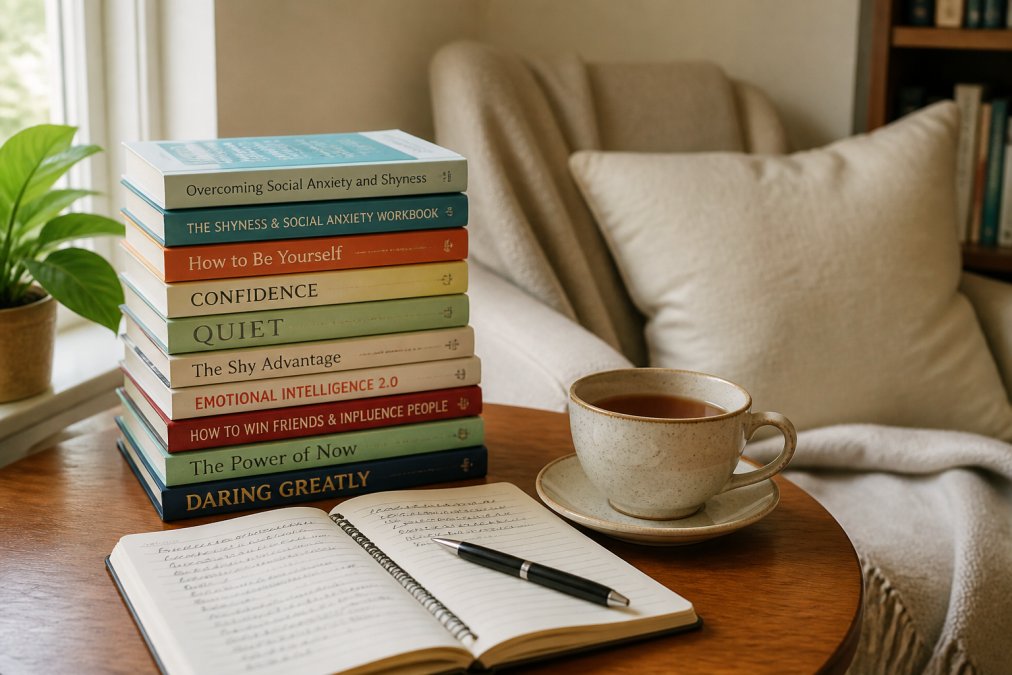 A cozy reading nook with a stack of self-help books, an open notebook with handwritten notes, and a cup of tea on a small wooden table, warm natural light from a window
