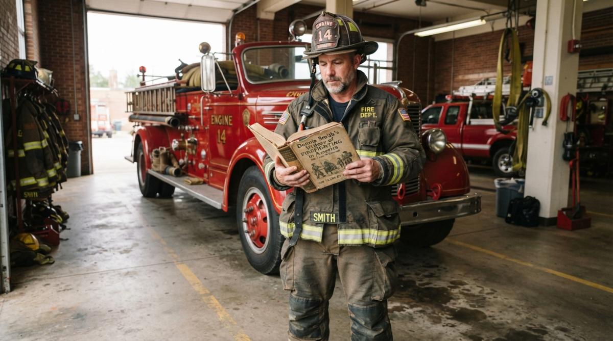 Firefighter in full structural gear holding a vintage fire service history book, standing in front of a traditional red fire engine at a station, natural morning light