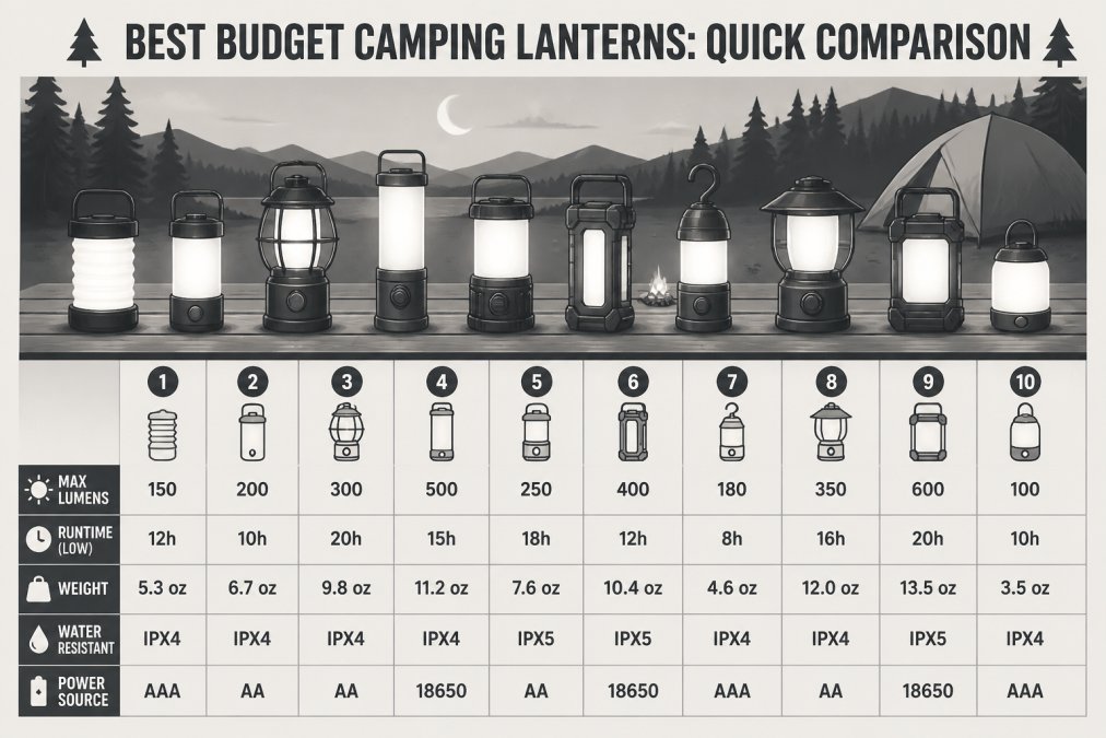 Multiple camping lanterns arranged on a picnic table at dusk with a tent and campfire visible in the background, showing different sizes, colors, and designs side by side