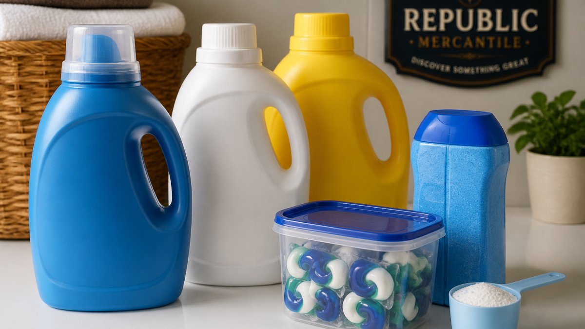 Close-up of various laundry detergent bottles and pods arranged on a bright white surface, showing different formats and sizes with clear labels visible