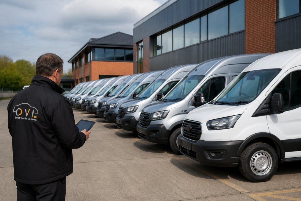 Professional fleet management depot with rows of well-maintained business vans parked in organized formation, modern office buildings visible in background, showing professional fleet operations