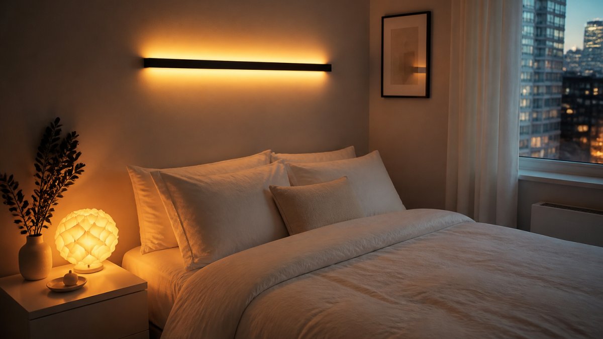 Small studio apartment bedroom with soft gray walls, a neatly made bed with white linens, a LED color-changing wall light casting warm amber ambient light, and a small nightstand with a creative 3D lamp glowing softly in the corner, creating a calm and inviting atmosphere