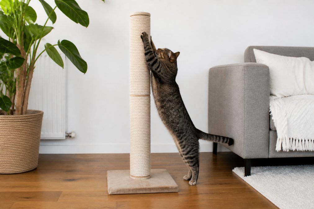 A tabby cat stretching upward on a tall sisal rope scratching post in a bright, minimalist apartment living room with white walls and wooden flooring