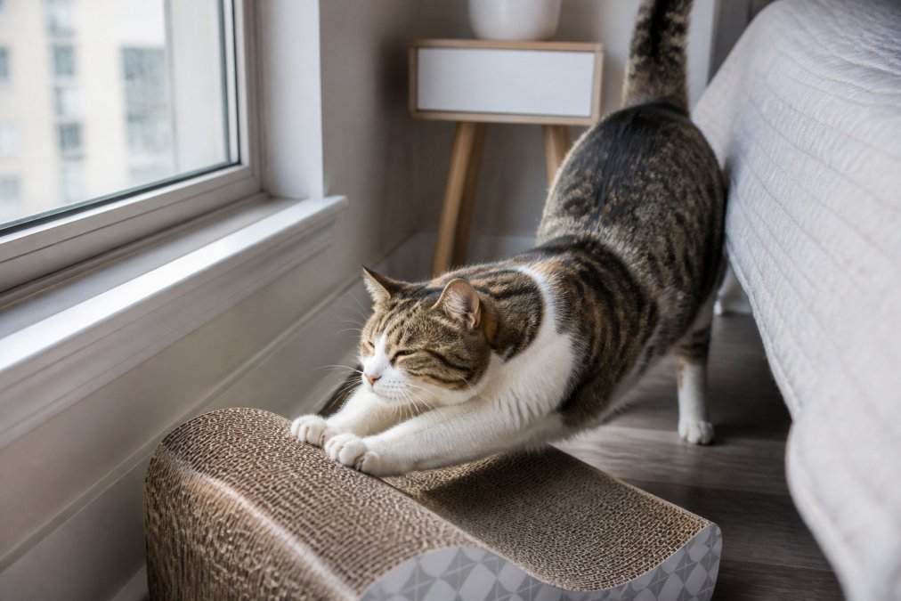 Close-up of a cat actively scratching on a cardboard scratcher positioned near a window in a compact apartment bedroom, showing the cat's natural scratching behavior