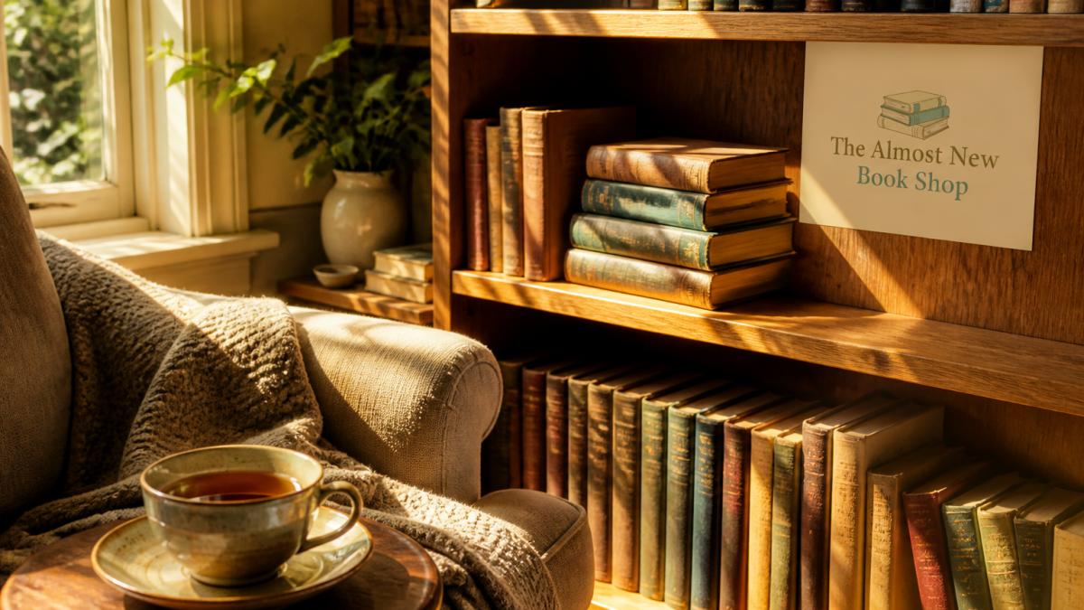 Cosy reading nook with a stack of classic novels on a wooden shelf, warm afternoon sunlight streaming through a window, a soft blanket draped over an armchair, and a cup of tea on a side table