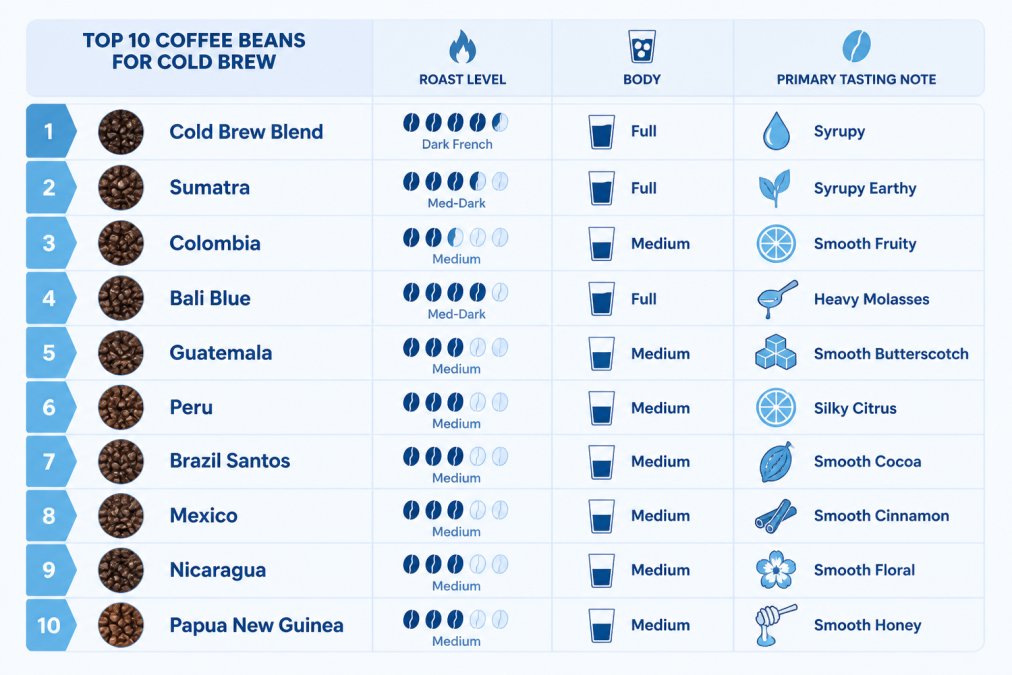 Comparison chart of 10 coffee beans for cold brew by roast, body, and tasting notes