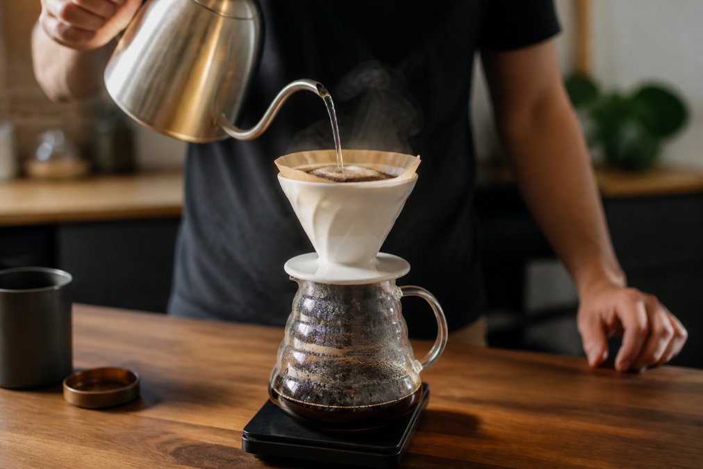 Close-up of hands pouring hot water from a gooseneck kettle over a pour-over dripper filled with coffee grounds, steam rising, on a wooden kitchen counter with a digital scale nearby