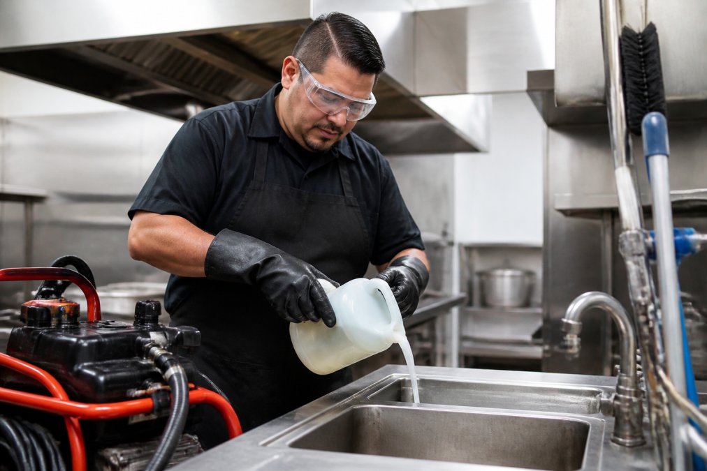 Restaurant staff member in safety gear pouring commercial drain cleaner into a busy kitchen sink